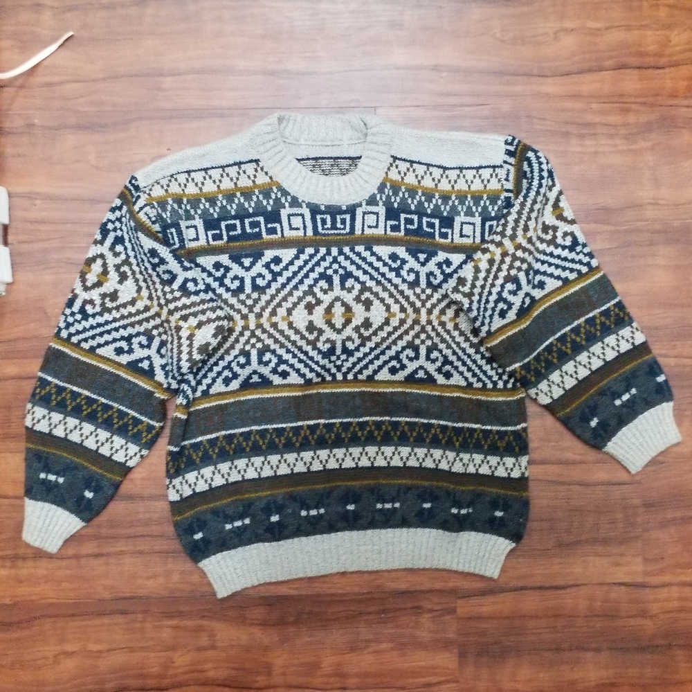 Vintage St Michael Grandpa Sweater Fair Isle Made in UK Blue Crew Neck Cosby M